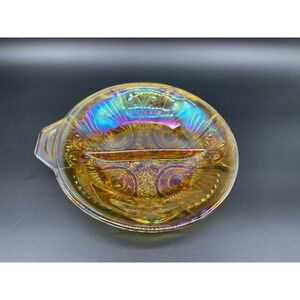 Vintage Marigold‎ Carnival Glass Divided Relish Dish Iridescent Scroll 9"